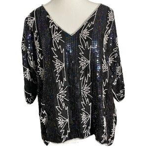 Cotton Castle Vintage Beaded and Sequined Black and White One Size Fits All Top
